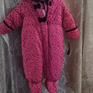 New‎ R 1881 size 12M pink black polka dot hood footed snowsuit zip foldover hand